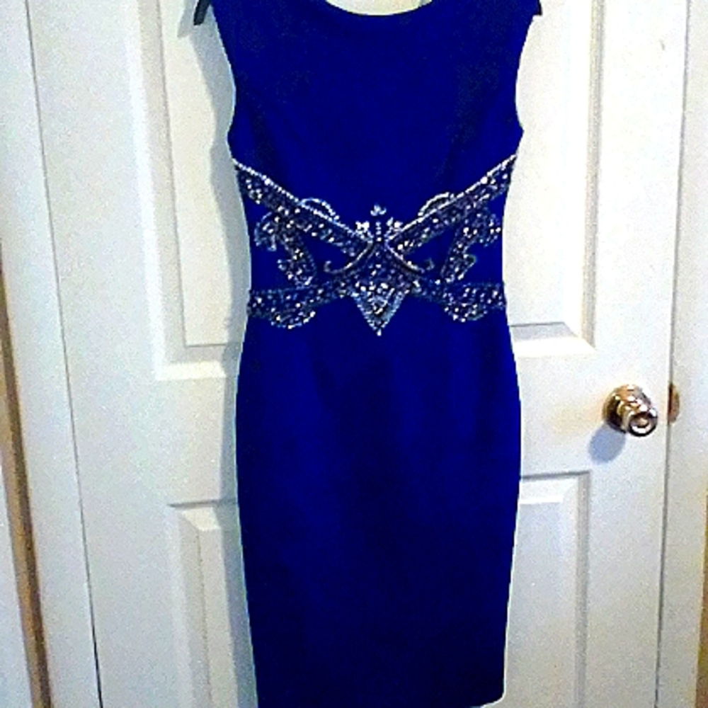 NWT Royal Blue rhinestone and sequin embellished midi pencil dress